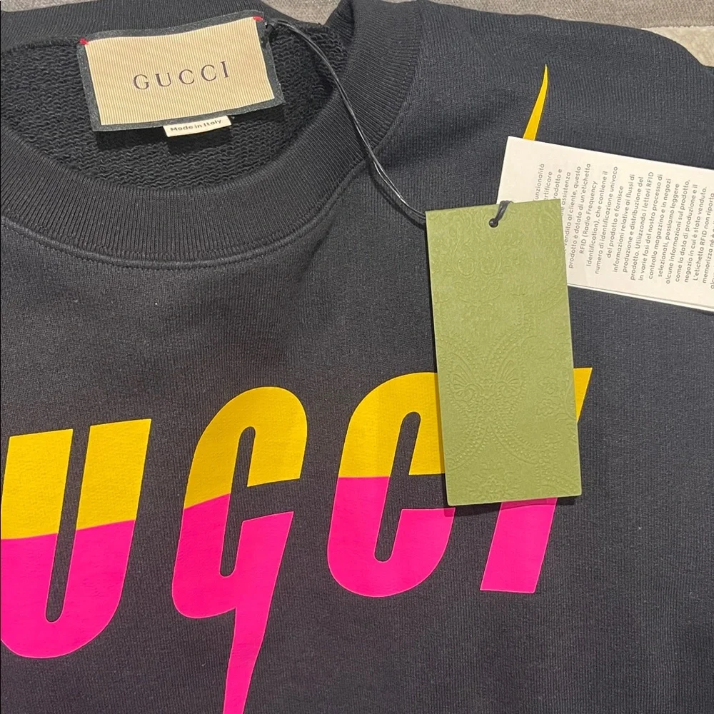 Gucci Men's Black Crewneck Sweater with Vibrant Logo